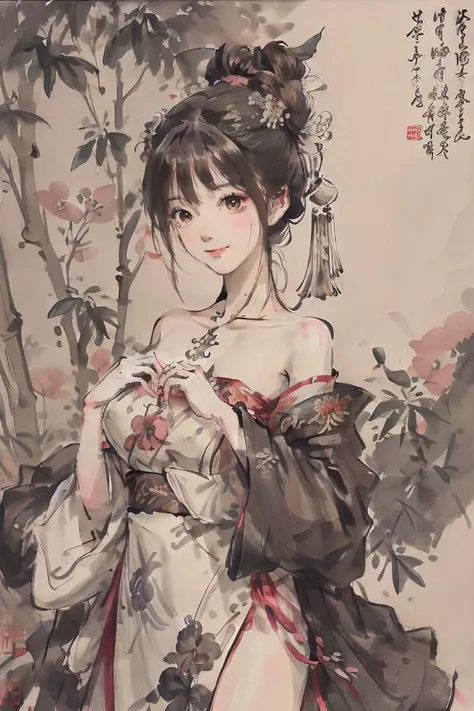 shuimobysim, Ultra HD, depth of field, (masterpiece, best quality, high quality, highres, detailed), traditional Chinese ink drawing of a beautiful woman standing, smile, <lyco:GoodHands-beta2:0.95>, wuchangshuo, Sakura blossom, bamboo in background, looki...