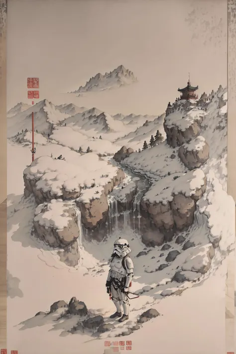 aerial view, A stormtrooper standing, next to a mountain (waterfall) painting scroll, shukezouma, negative space, shuimobysim , <lora:shukezouma_v1_1:0.8>,  masterpiece, best quality, traditional chinese ink painting, wuchangshuo, <lora:storm trooper:0.9>