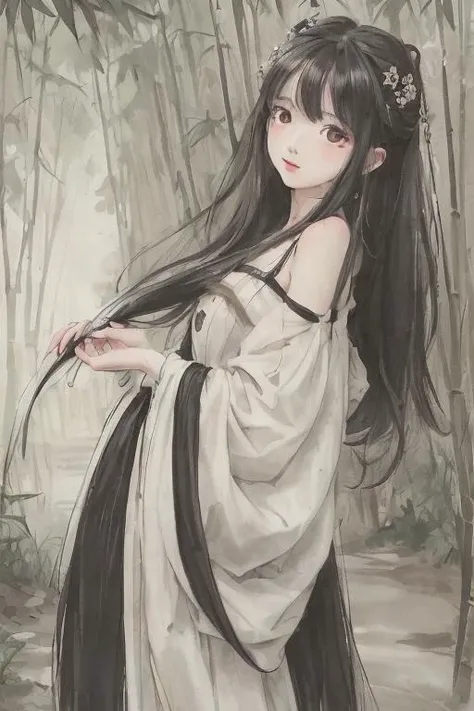 masterpiece, best quality, official art, 8k wallpaper, highly detailed, illustration, 1 girl, black hair, long hair, detailed eyes, bamboo forrest, bare shoulders, lakes, pure, soft smile <lora:Moxin_10:0.55>
 <lora:hipoly3DModelLora_v10:0.0> <lora:fashion...