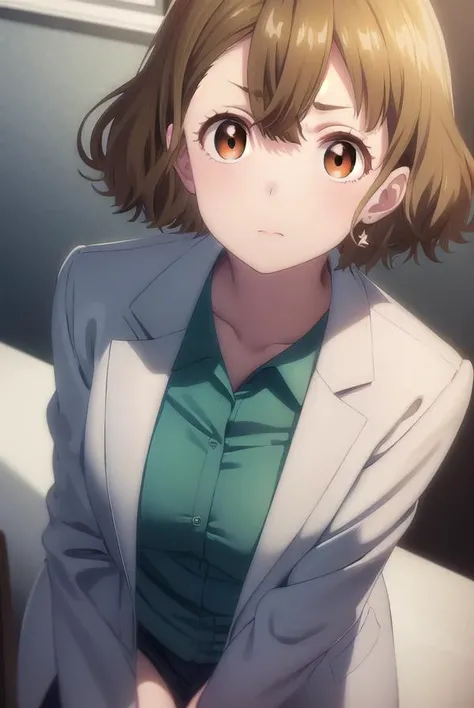 yuzuhamishima, <lora:yuzuha mishima s1-lora-nochekaiser:1>,
yuzuha mishima, short hair, brown hair, (brown eyes:1.5),
BREAK shirt, long sleeves, jacket, white shirt, open clothes, pants, black footwear, watch, green jacket, wristwatch,
BREAK indoors, offic...