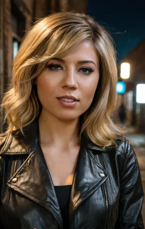 a close up of a woman in a black jacket standing on a street