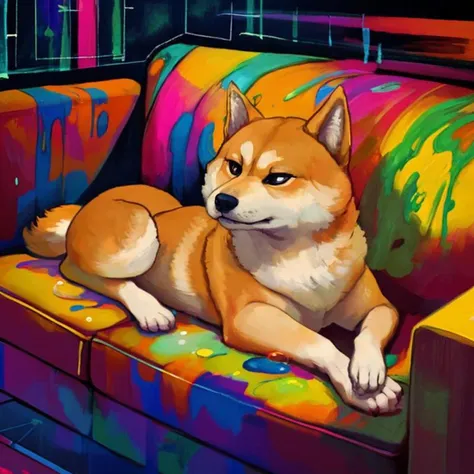 painting of a dog laying on a colorful couch in a room