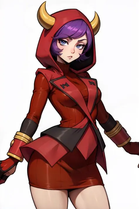 a woman in a red outfit with horns and a hood