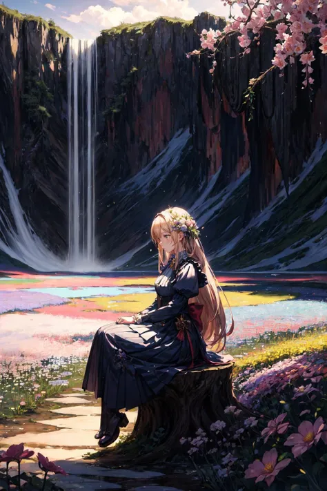 extremely detailed wallpaper, perfect anime illustration, , a girl sits on a stump, shoulders, long curvy hair, pinafore dress, by Marc Adamus, (flowers crowded, flowers everywhere:1.1), magical atmosphere, trending on artstation, intricate details, (8k hd...