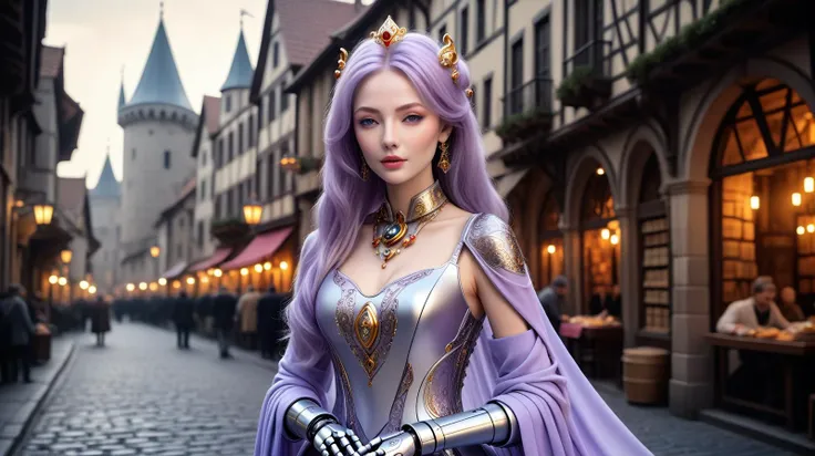 (Bustling medieval streets, with jesters, knights, and merchants amidst historical architecture:1.3), (A visually stunning, intricately designed robotic woman:1.4), (her form a harmonious blend of advanced mechanics and artistry, featuring a polished metal...