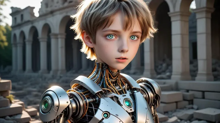 (Historic stone structure, with the first light of day illuminating the ruins:1.3), (A energetic, intricately designed robotic boy:1.4), (his form a harmonious blend of advanced mechanics and artistry, featuring a polished metallic finish with elegant, flu...