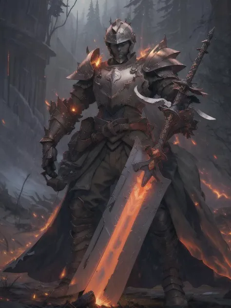 a man in armor holding a sword standing in front of a fire