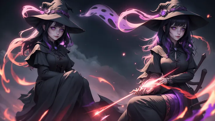 two witches sitting on a broom with their hats on