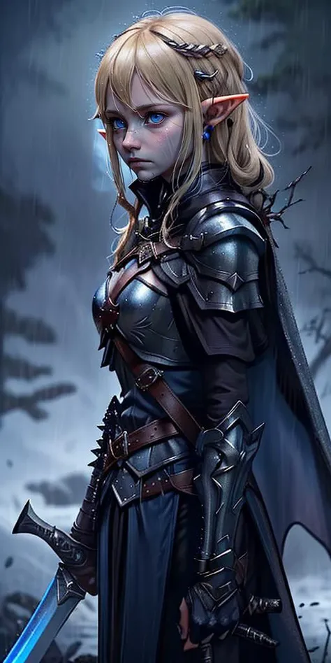 a woman in armor holding a sword in the rain