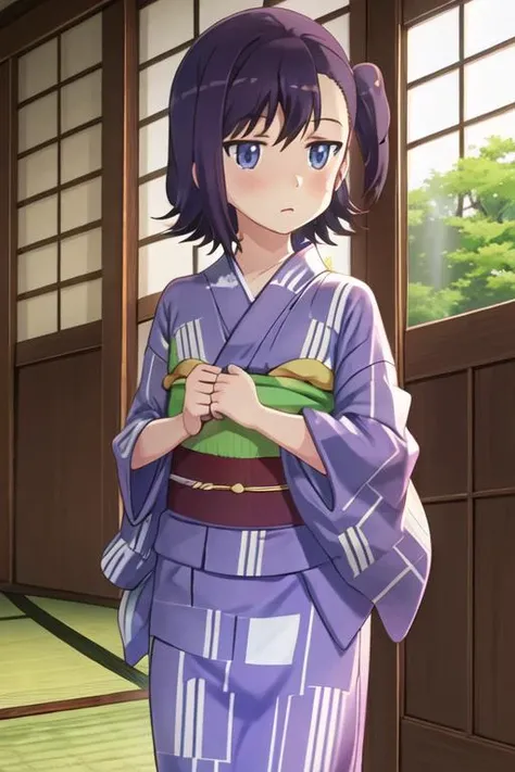 best quality, masterpiece, highres, solo, {yukata:1.40}, {kimono:1.20}, {miyauchi_hikage_nonnonbiyori:1.15}, blue_eyes, purple_hair, blush, one_side_up, black_hair, short_hair