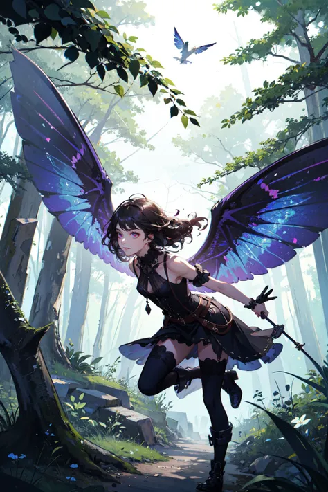 ((best quality, masterpiece, absurbres, super-resolution)) 1girl, A tiny fae lost in the woods, flying away from danger, tall woods, panicking, scared