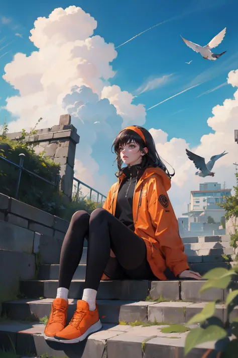 (masterpiece, best quality, hires, high resolution:1.2),
1boy,orange shoes,solo,sitting,sky,clouds,outdoors,black hair,bird,upward view,blue sky,white socks,daytime,orange jacket,building,long sleeves,leaves,long hair,stairs,red headband,pump Rope,headband...