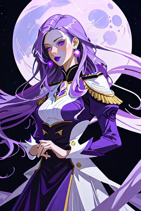 Iris Luna (Tall woman, light purple eyes, Long flowing Vibrant Purple Hair, Violet Lips, medium bust) wearing a dress uniform