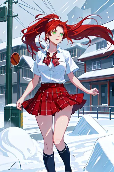 Suzy Cogsworth(long flowing red hair in a long ponytail, green eyes) wearing a school uniform(red plaid mini skirt, white button up short sleeves shirt) Large snow storm, fast winds