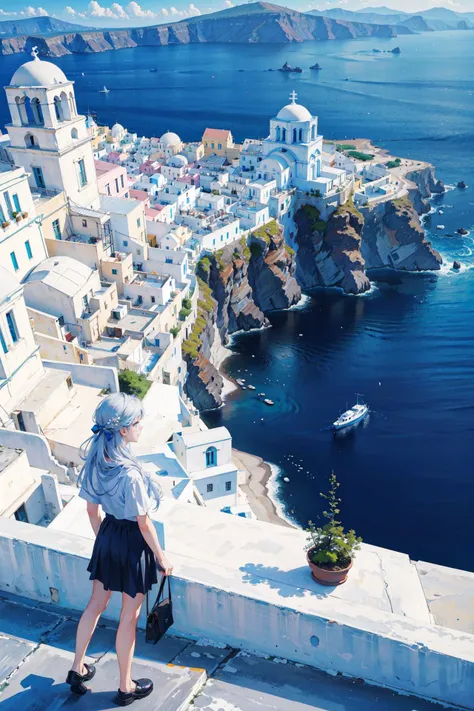 arafed woman standing on a ledge overlooking a city and a body of water