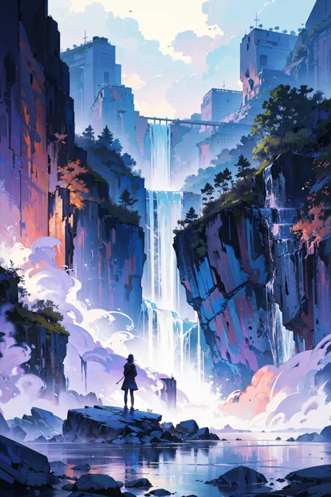 ((best quality, masterpiece, absurbres, super-resolution)), Coral, Violet Ombre, Typhoon Tranquil waterfall in a serene mountain setting, Elated Group