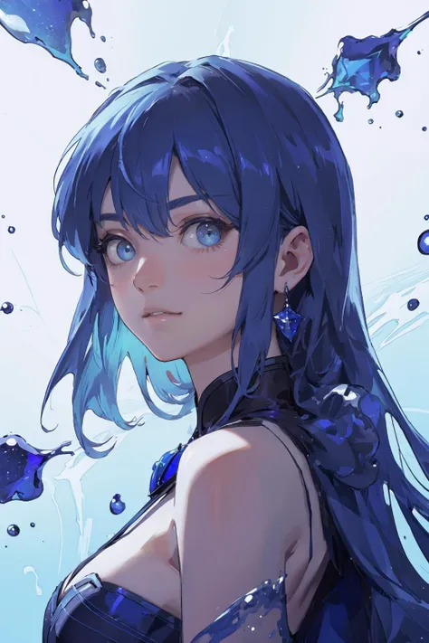 a close up of a woman with blue hair and a black dress