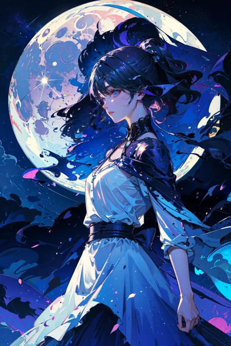 a woman in a white dress standing in front of a full moon