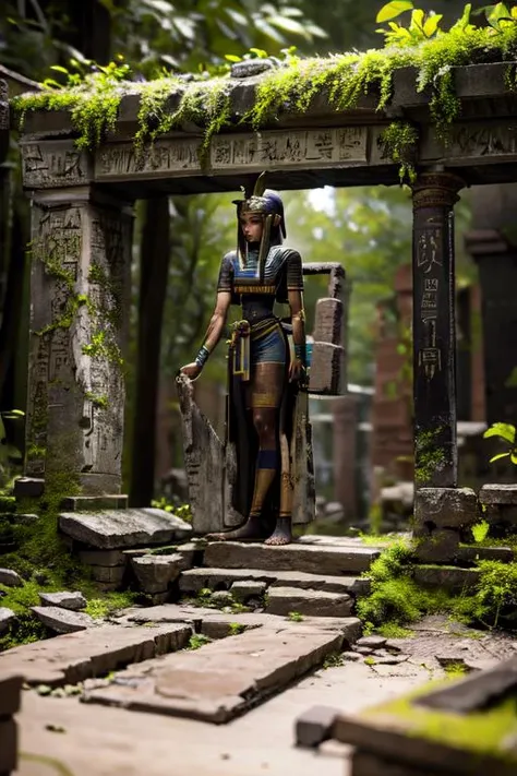 a woman in a costume standing in a cemetery with a sword