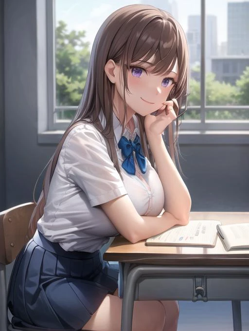 <lora:PovSideClass:0.7> PovSideClass, 1girl, solo, long hair, breasts, looking at viewer, blush, smile, bangs, skirt, large breasts, brown hair, shirt, bow, holding, sitting, closed mouth, school uniform, purple eyes, white shirt, short sleeves, thighs, pl...