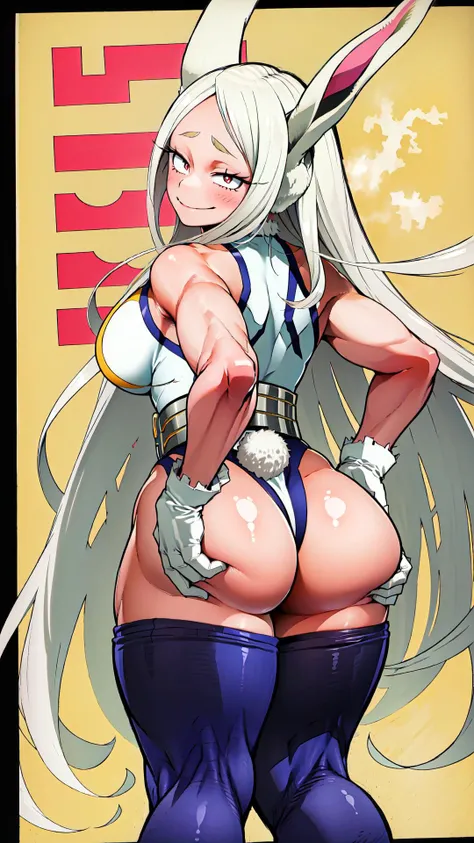 mirko, white hair, bunny ears, dark skin, thicc, thick thighs, oppai, leotard, sideless, sideboob, smug, squinting, sideless leotard, swimsuit, buttlift, ass spread, grabbing own ass, from behind,