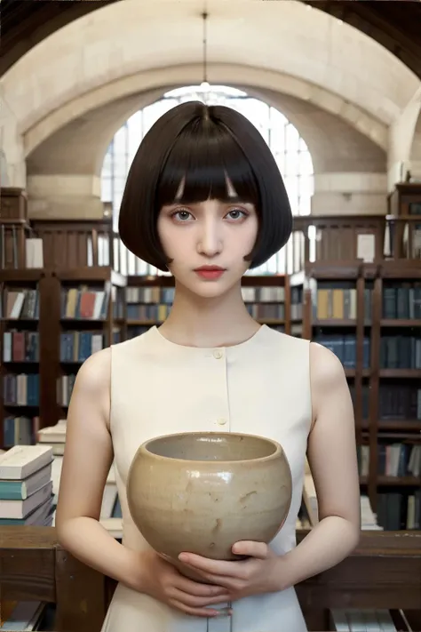 woman,  Bowl Cut,  Round Eyes,  A Nose with an Arched Bridge Shape,  Holding a Serious Expression,  Standing Tall, wearing  Shift Dress,  Vintage Bookstore in background, masterpiece, 8k, high resolution, shallow depth of field, sharp focus