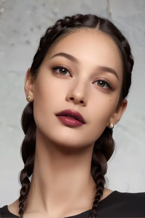 close up portrait of female in her Late thirties wearing plain black shirt, Maroon lipstick, Wide Lips, Espresso skin, A few faint laughter lines around the eyes,  Light Green eyes, Almond Eye Shape, Long face, Curious facial expression, High-arched eyebro...