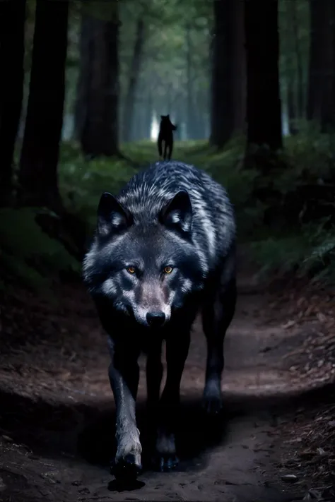 there is a wolf walking down a path in the woods