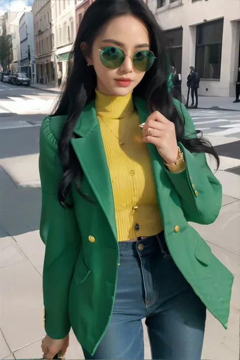 <lora:chicjackets:0.7>, edgCJ, woman wearing green chic jacket, black hair, sunglasses, jeans || masterpiece, perfect quality, sharp focus, shallow depth of field, 8k