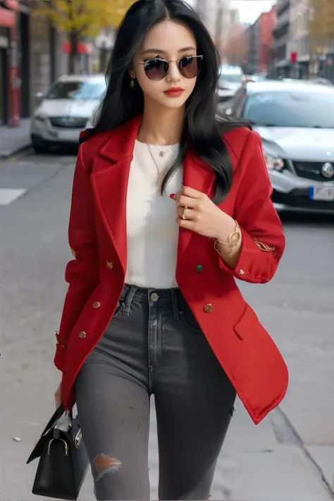 a woman in a red jacket and jeans walking down a street