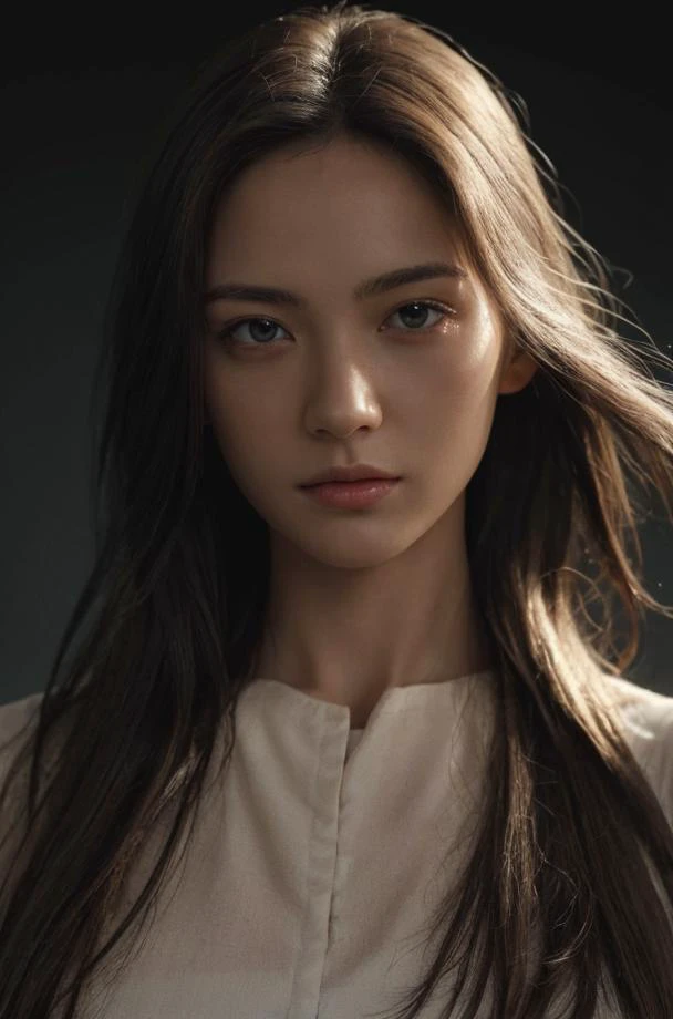 a woman with long hair and a white shirt is looking at the camera