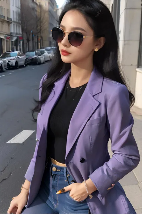 <lora:chicjackets:0.7>, edgCJ, woman wearing purple chic jacket, black hair, sunglasses, jeans || masterpiece, perfect quality, sharp focus, shallow depth of field, 8k