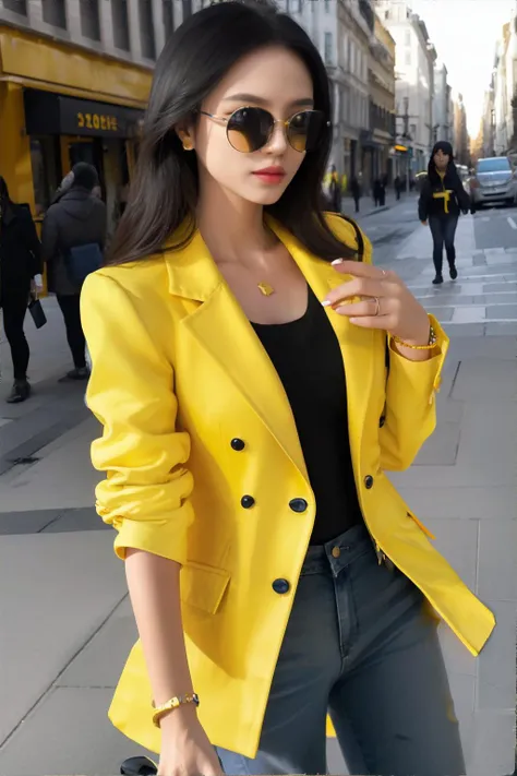 <lora:chicjackets:0.7>, edgCJ, woman wearing yellow chic jacket, black hair, sunglasses, jeans || masterpiece, perfect quality, sharp focus, shallow depth of field, 8k