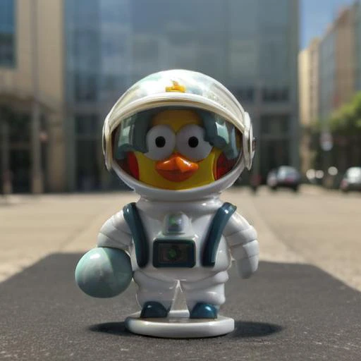 a close up of a toy duck in a space suit on a street