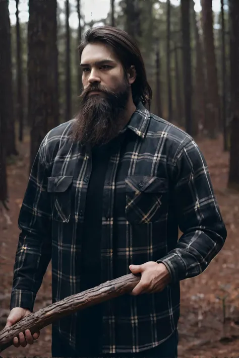 <lora:lowra:0.7>, dark theme, handsome man wearing flannel shirt, lumberjack, forest, holding wood axe, beard || masterpiece, perfect quality, sharp focus, shallow depth of field, 8k