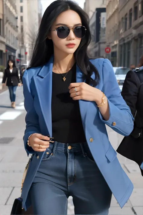 <lora:chicjackets:0.7>, edgCJ, woman wearing blue chic jacket, black hair, sunglasses, jeans || masterpiece, perfect quality, sharp focus, shallow depth of field, 8k