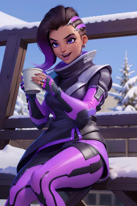 owsombra, purple eyes, mole under eye, make-up, looking at viewer, happy, laughing, mouth open, 
sitting, holding a coffee cup, drinking coffee, outside, snowing, docks, 
extreme detail, masterpiece, fantasy quality, cgi,  <lora:owsambrav5:.8>