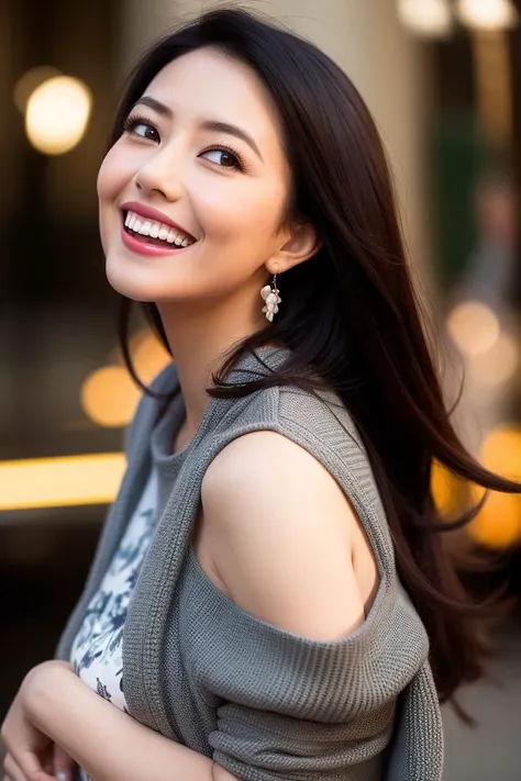 a close up of a woman with long hair smiling and wearing a sweater