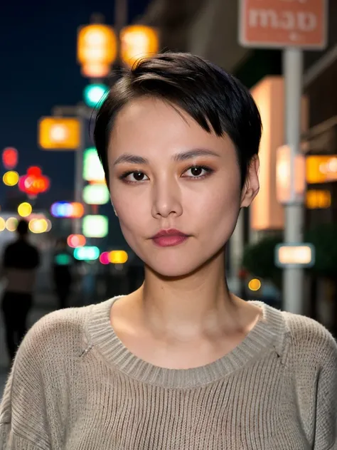 <lora:rnk-29:1> rnk,short hair,wearing sweater,close-up,front view,masterpiece,night,cityscape,neon lights,8k,uhd,soft lighting,city street