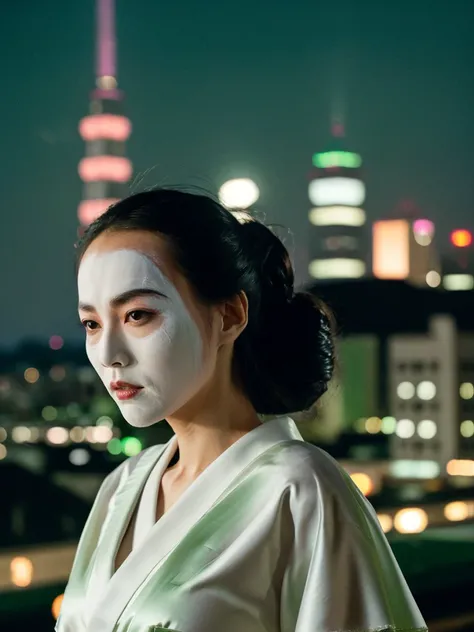 <lora:rnk-29:1> rnk,japanese kepatsu hair,white painted face ,green satin dress,front view,masterpiece,night,cityscape,neon lights,8k,uhd,soft lighting,on the roof of a skyscraper