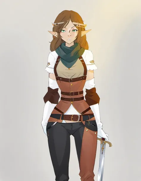 <lora:Rainwater_Style_SDXL:1>, 1girl, pointy ears, solo, weapon, sword, green eyes, long hair, elf, hand on hip, gloves, smile, belt, pants, brown hair, scarf, palace ballroom