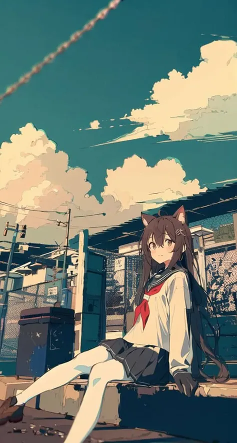 anime girl sitting on a bench in front of a building