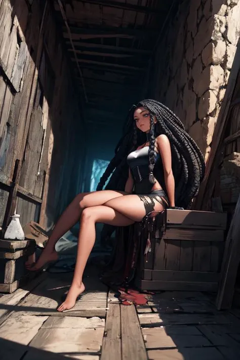 (otherworldly, otherworldly atmosphere, otherworldly appearance), highly insanely detailed, masterpiece, top quality, best quality, highres, 4k, 8k, RAW photo, (box braids:1.2), Caribbean, dark tunnel, 
slan (berserk), 1girl, solo, very long hair, torn clo...