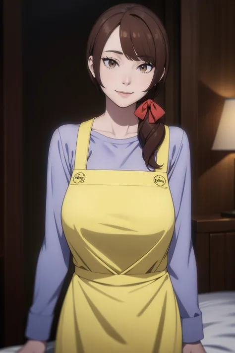 a woman in a yellow apron standing in front of a bed