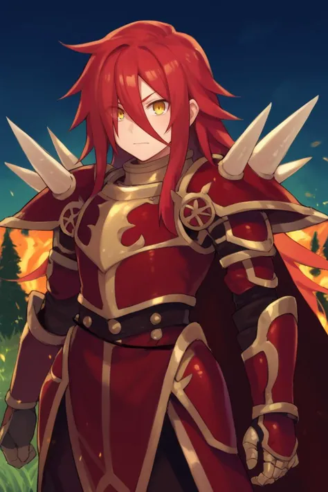 score_9, score_8_up, score_7_up, score_6_up, source_anime, BREAK, <lora:Gulcasa-000012:0.5> , guldef, (1boy), red hair, long hair, hair between eyes, yellow eyes, (armor), spikes, shoulder armor, shoulder spikes, cape, red cape, pauldrons, gauntlets, (cowb...