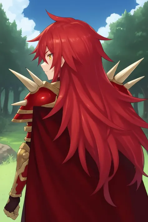 score_9, score_8_up, score_7_up, score_6_up, source_anime, BREAK, <lora:Gulcasa-000012:0.6> , guldef, (1boy), red hair, long hair, hair between eyes, yellow eyes, (armor), spikes, shoulder armor, shoulder spikes, cape, red cape, pauldrons, gauntlets, upper...