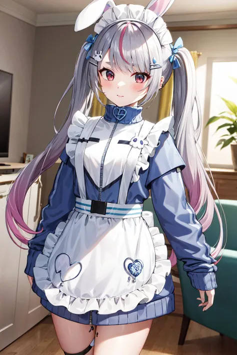 masterpiece, best quality, highres, ddmimi, long hair, grey hair, twintails, hair bow, streaked hair, maid headdress, hair ornament, hairclip, animal ears, piercing, track jacket, long sleeves, sleeves past fingers, frills, white apron, bandaid on leg, <lo...