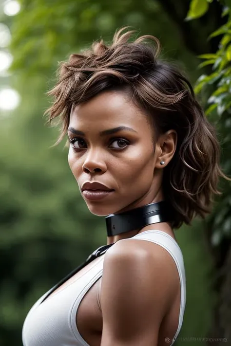 a close up of a woman with a collar around her neck