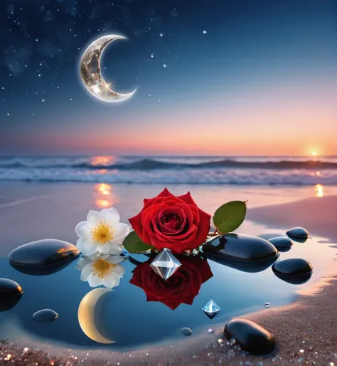 a rose and a crescent are sitting on the beach with stones