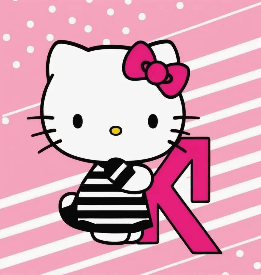 (kitty:0.508), (diagonal_stripes:0.999), (heart:0.773), (pink_background:0.927), (polka_dot:0.986), (polka_dot_background:0.944), (striped:1.000), (striped_background:1.000), (vertical_stripes:0.991), black and white hello kitty holding the letter k